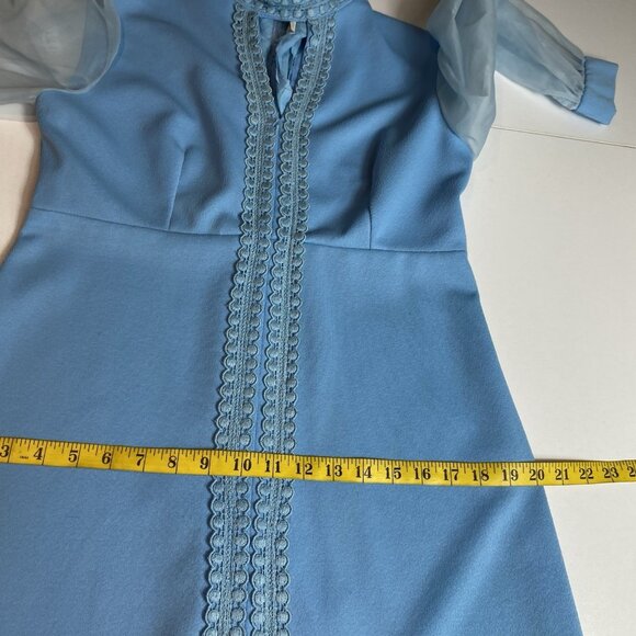 Vtg 70s Womens Dress Light Blue Keyhole Neck Sheer Sleeves Stretch Sz 13/14 - Picture 7 of 9